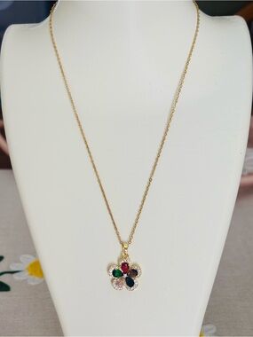 Gold Multi-Gem Flower Pendant Necklace - Unbranded-NWOT